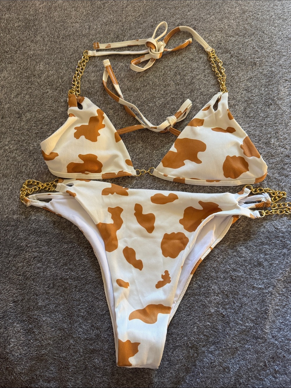Cream & Brown Cow-Print Triangle Bikini with Gold Chain Accents